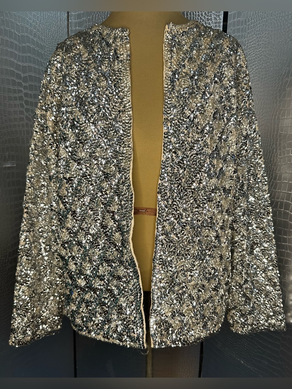 Silver Sequined Open-Front Cardigan Jacket Vintage Good Condition